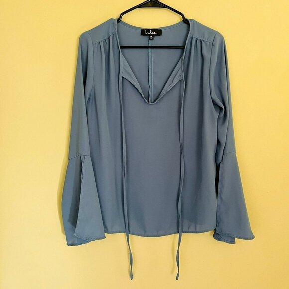 Lulu's Carefully Curated Long Sleeve Blouse in Dusty Blue SZ M - Picture 2 of 11